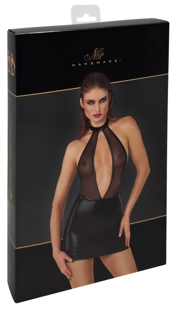 Noir Handmade Sparkle Czarna sukienka mini M z kryształkami, powerwetlook i transparentnym powernetem