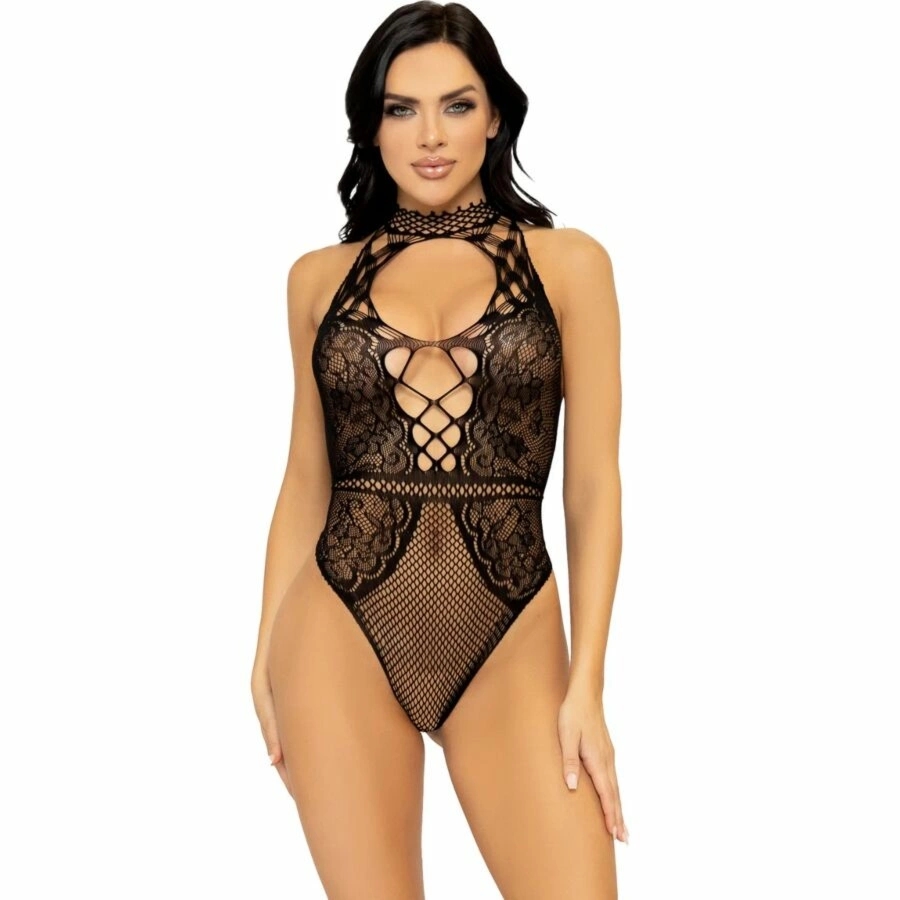 Leg Avenue Body z siatki i koronki, ozdobne wycięcie halter, uniwersalny rozmiar