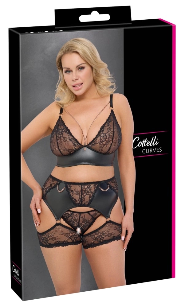 Cottelli Curves komplet koronkowy czarny 3-częściowy 3XL z łańcuszkami i serduszkami
