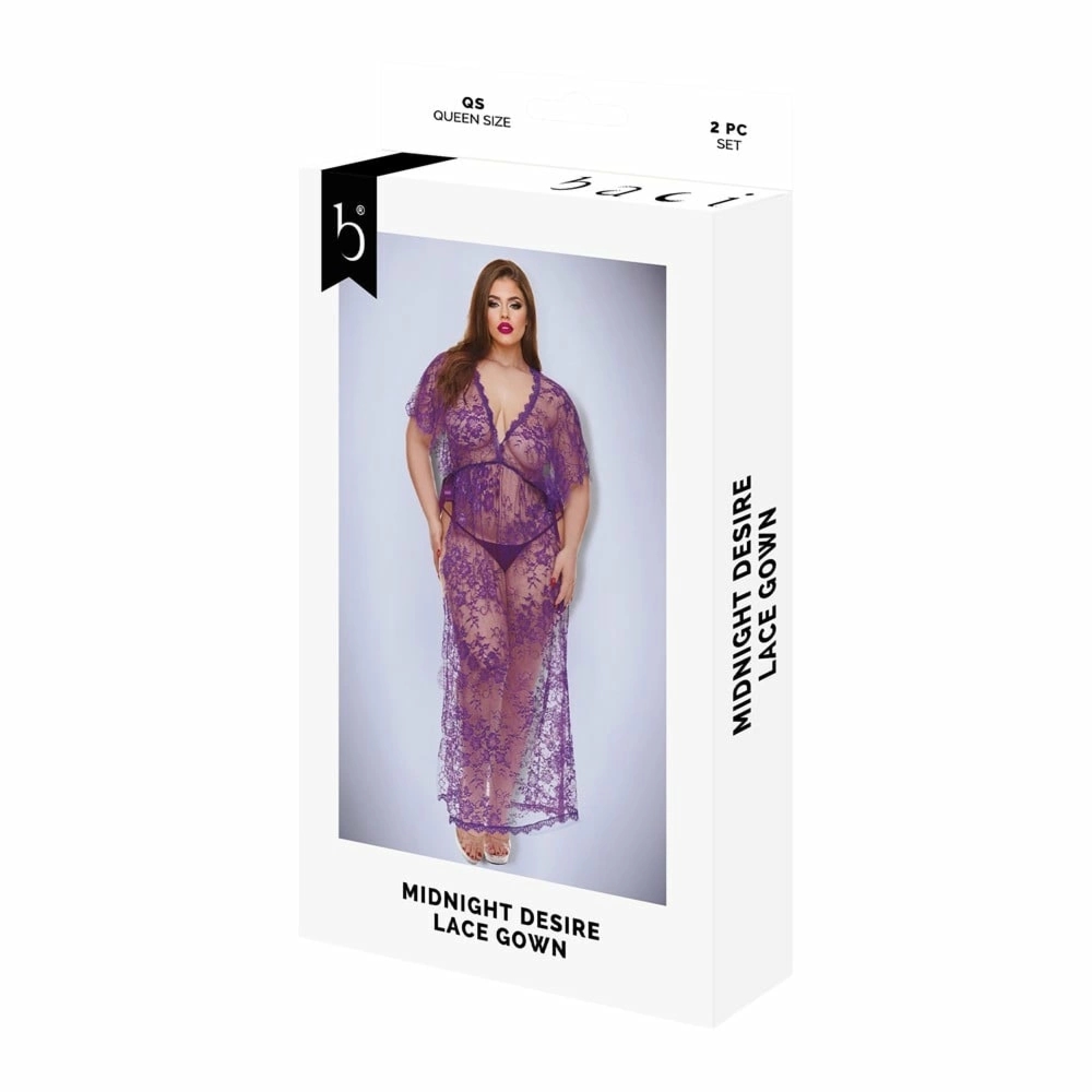 BACI Lingerie Midnight Desire koronkowa suknia maxi fioletowa QS – transparentna koronka, Queen Size