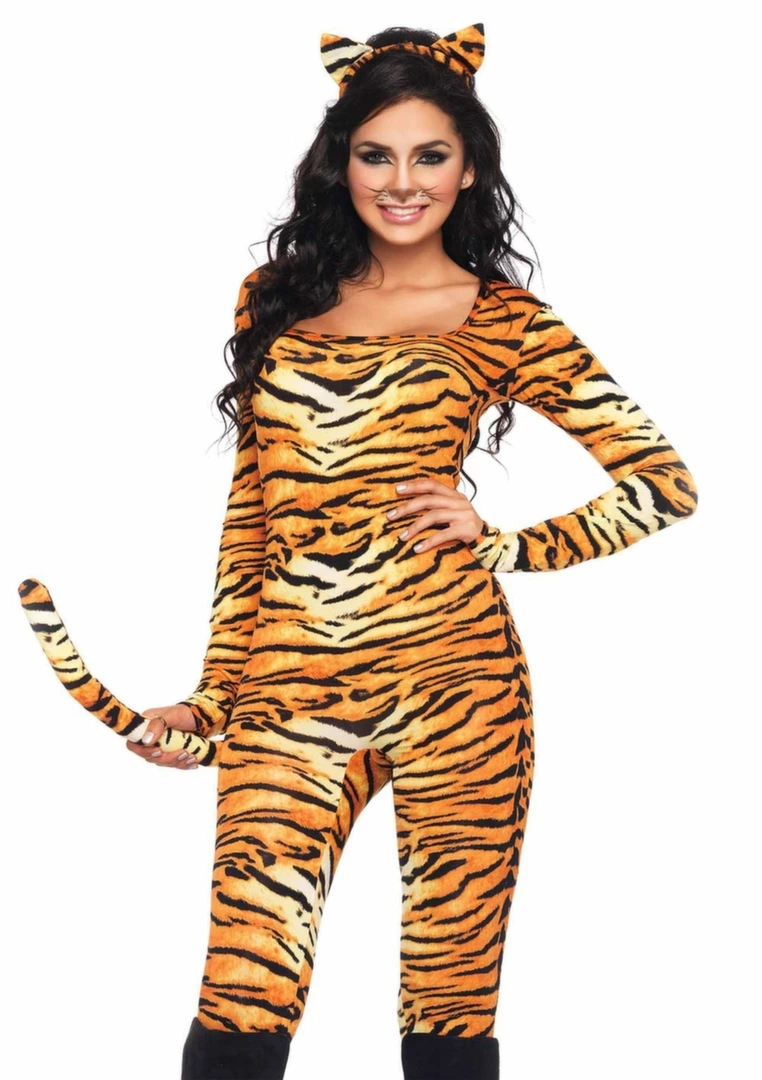 Leg Avenue Wild Tigress Catsuit zestaw kombinezon z ogonem i opaska uszy brush spandex