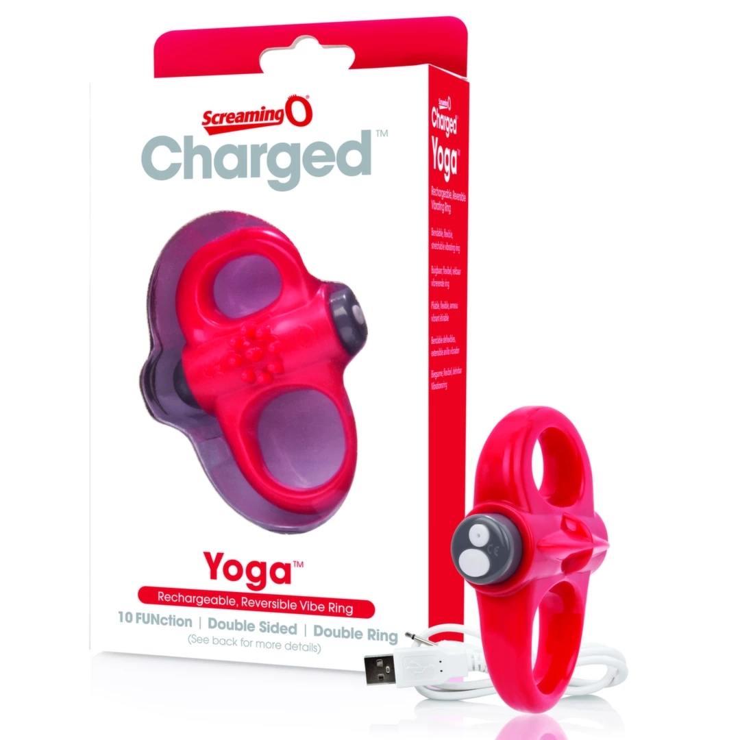 The Screaming O Charged Yoga Red – elastyczny pierścień wibrujący z podwójną pętlą, 10 programów