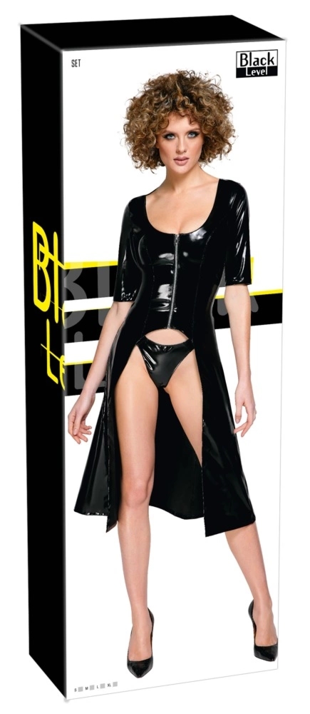 Black Level Vinyl Dress & Coat 2w1 XL Błyszcząca Czerń z Elastycznymi Stringami