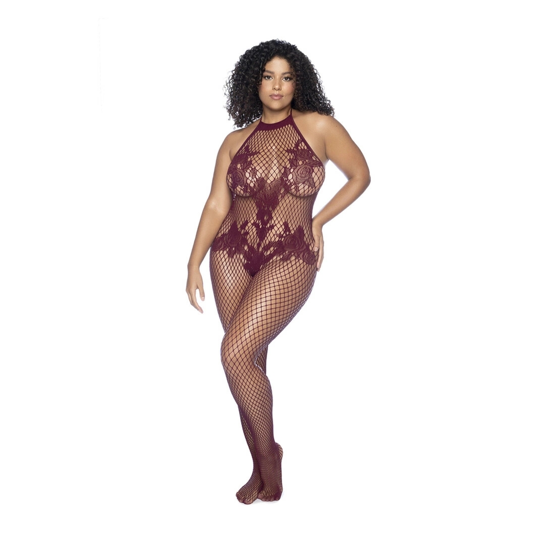 Mapele Halter Bodystocking Kwiatowy Queen Size Cherry, otwarta część dolna, kwiatowy wzór