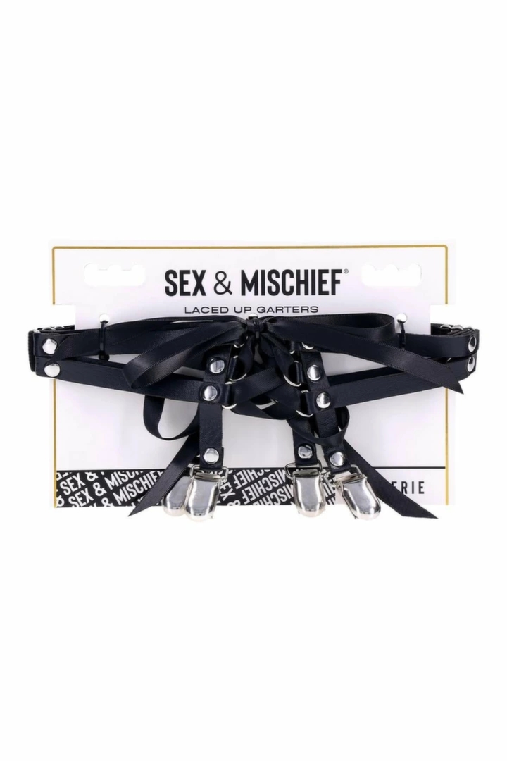 SPORTSHEETS SEX AND MISCHIEF LACED UP GARTERS czarne podwiązki z gorsetowym sznurowaniem