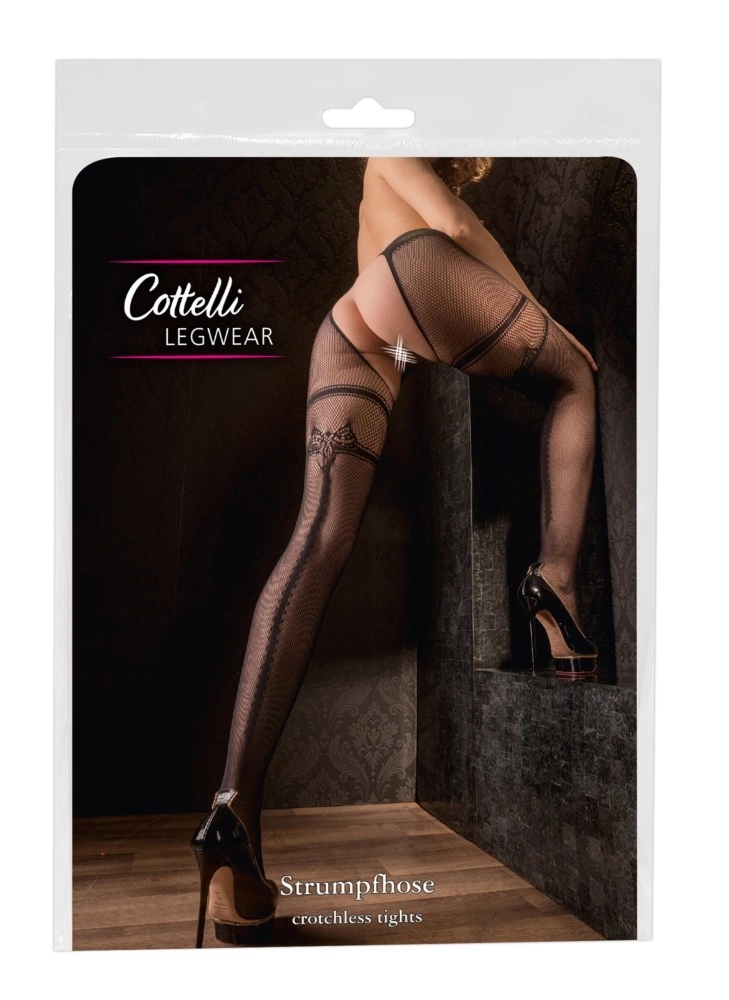 Cottelli LEGWEAR rajstopy siateczkowe z podwiązką L/XL czarne, ozdobny szew, bez części w kroku
