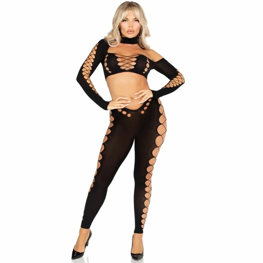 Leg Avenue Seamless Cut-Out – zestaw crop top i legginsy czarny, bezszwowy, One Size