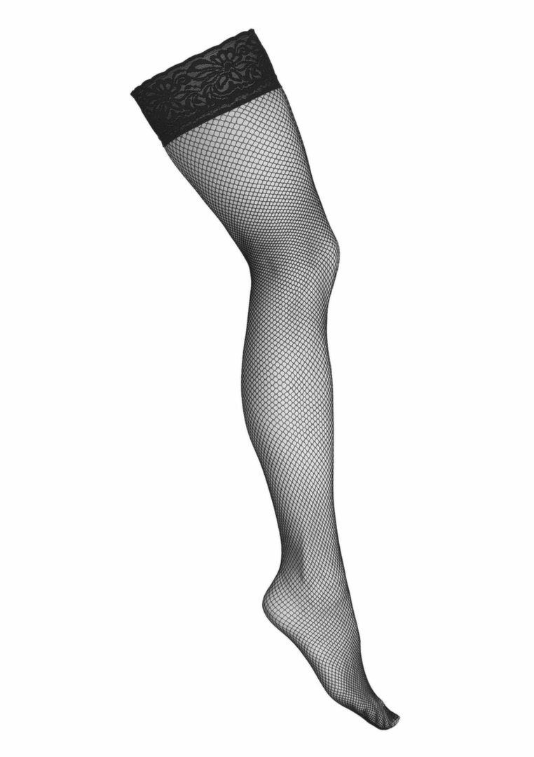 Fishnet Hold Ups H010 pończochy kabaretki z szerokim pasem koronki i silikonem czarne