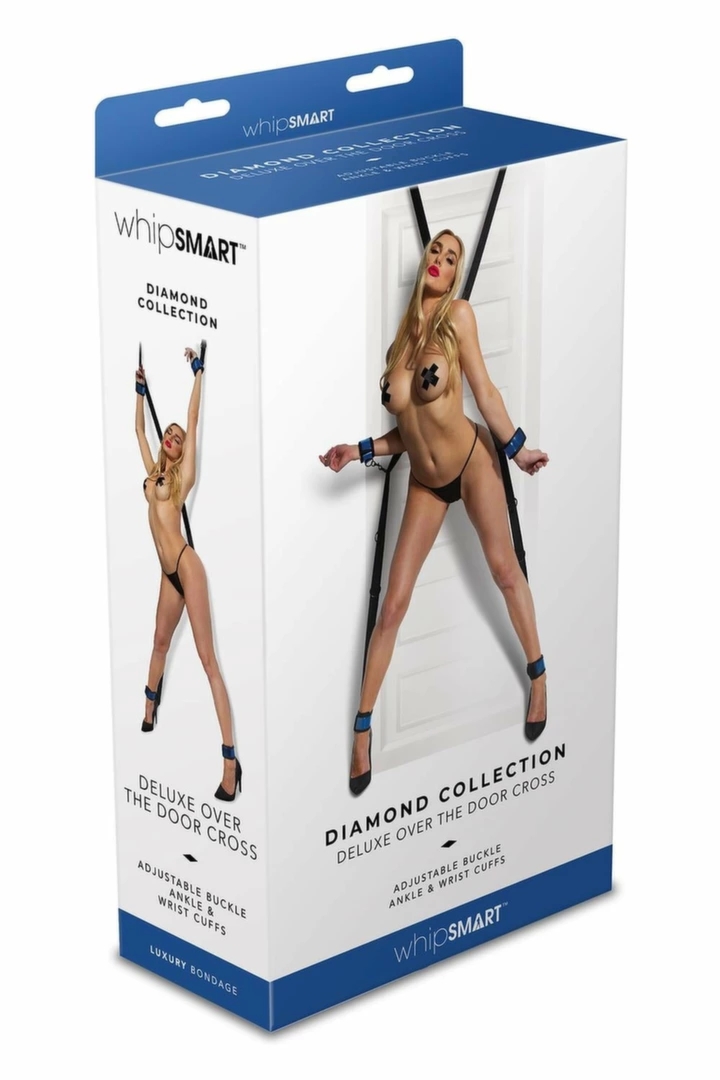 WHIPSMART Diamond Over the Door Cross – niebieski system pasów z mankietami, mocowanie do drzwi
