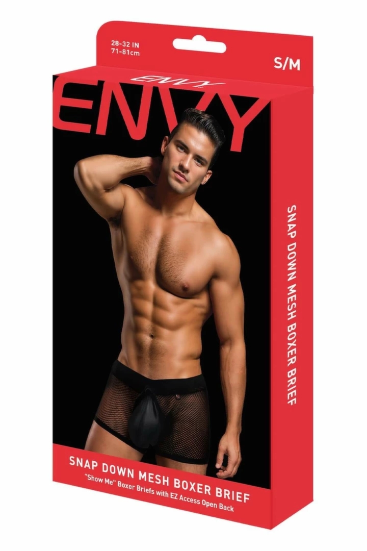 ENVY SNAP DOWN Mesh Boxer Brief Black M/L – przewiewne bokserki z siateczki, otwarty tył, kieszonka na zatrzask, M/L