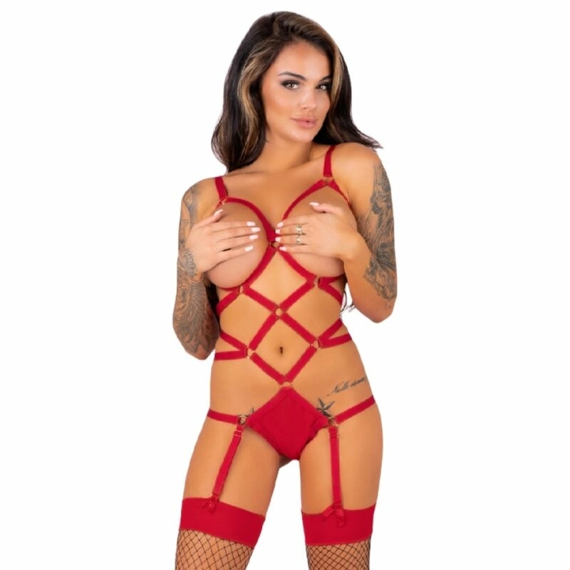 Livco Corsetti Thiara LC 20213 Komplet body z pończochami czerwony L/XL, regulowane klipsy