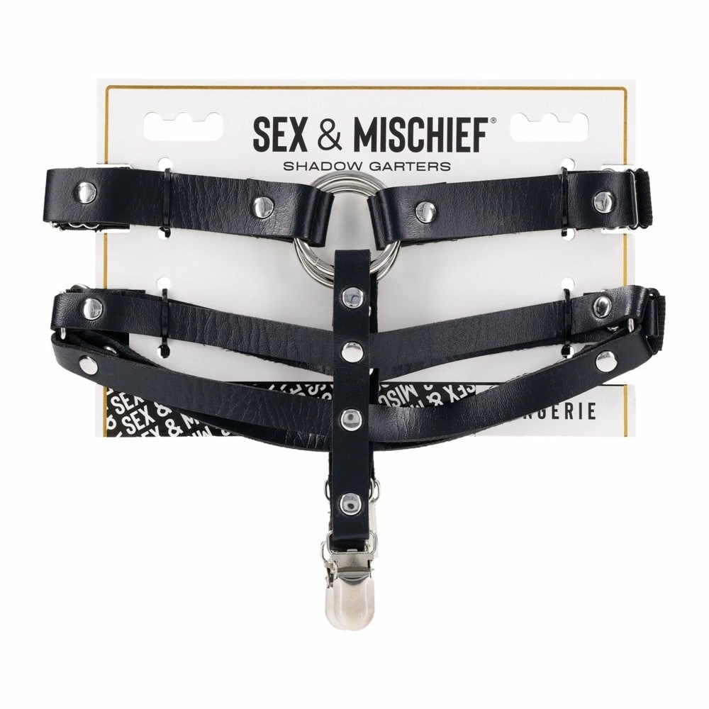 SPORTSHEETS SEX AND MISCHIEF Shadow Garters czarne, regulowane pasy do pończoch, O-ring
