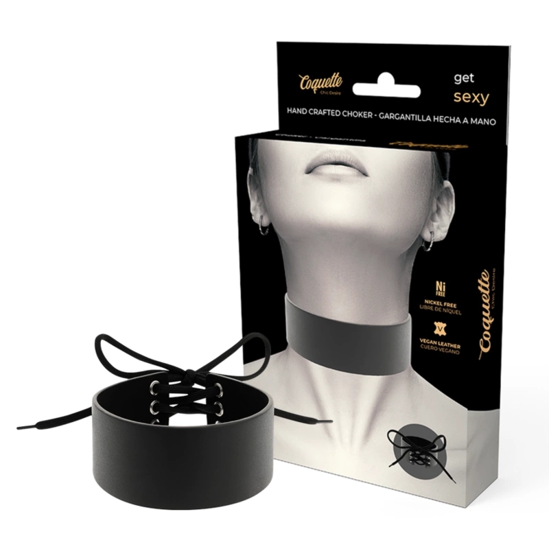 Coquette Chic Desire Choker – regulowany, czarny, wegańska skóra, metalowy pierścień