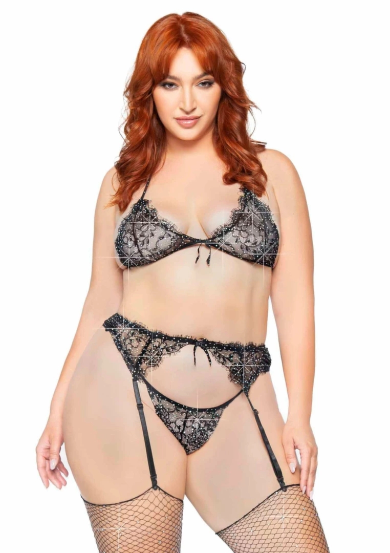 Plus Lace Bra Top, String and Garter Belt 3-częściowy koronkowy komplet z kryształkami XL/2XL