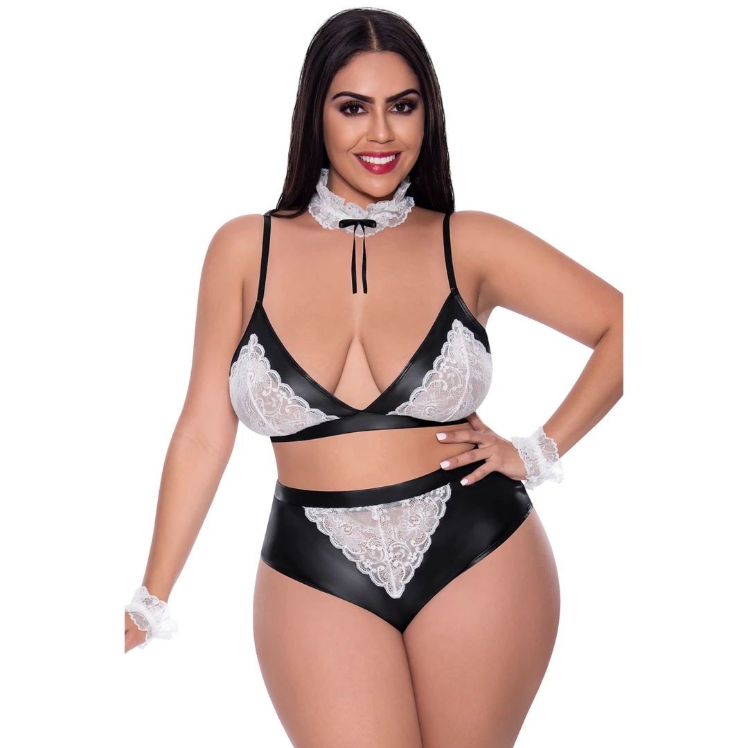 Magic Silk Dress Up Dirty Deeds zestaw sukienka plus size czarno-biała, bralette z kołnierzykiem i majtkami