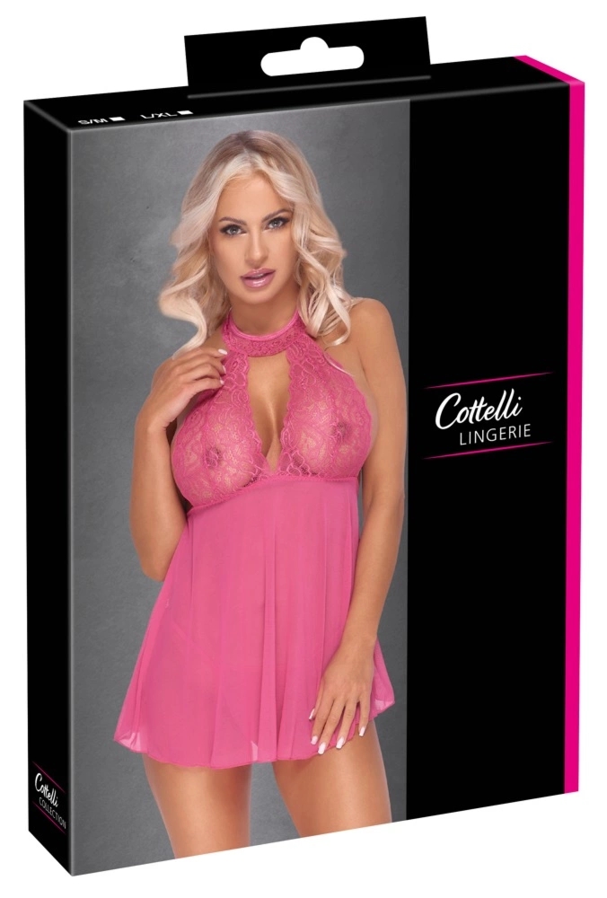 Cottelli LINGERIE Haleczka Różowa z Koronką, Keyhole i Stringami S/M