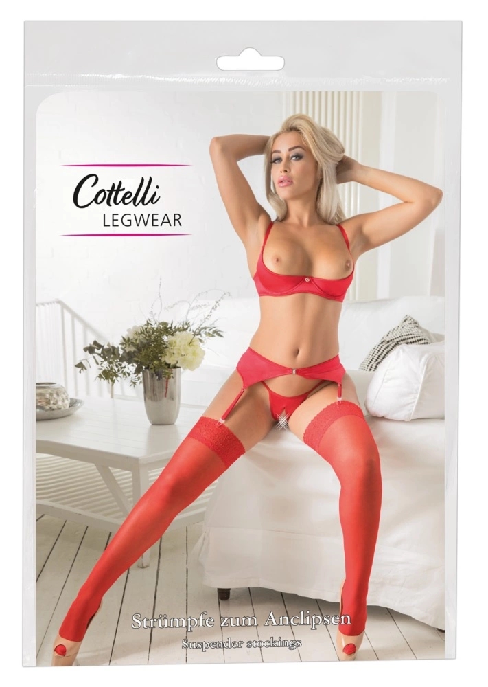 Cottelli Legwear Pończochy czerwone z szeroką koronką 20 den – intensywny kolor, Oeko-Tex
