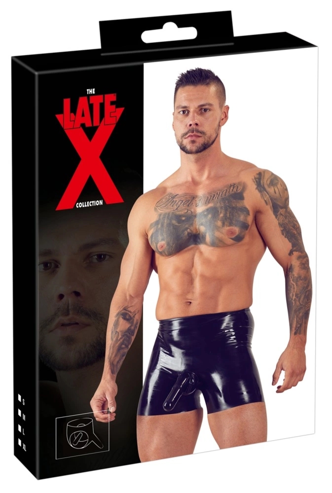 Late X Spodenki lateksowe czarne XL, anatomiczna osłona i kieszeń, zintegrowany system