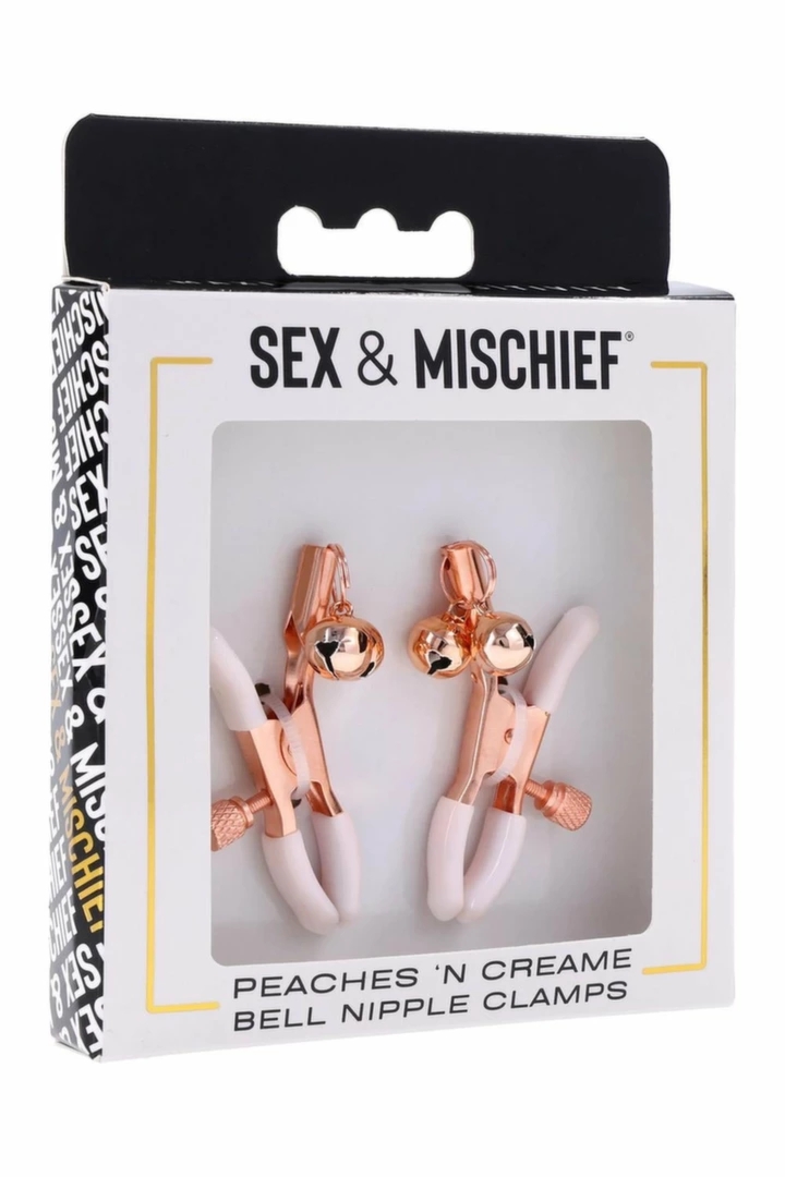 PEACHES 'N CREAME Bell Nipple Clamps regulowane, rożowe z dzwoneczkami i gumowymi końcowkami