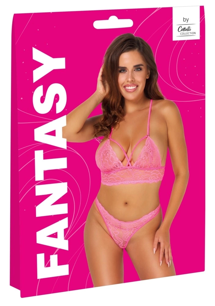 Cottelli Collection Fantasy komplet bielizny koronkowej S/M neonowy roż z regulowanym biustonoszem i stringami