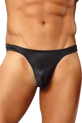 Male Power Satin Spandex Stringi Bong czarne z elastyczną lamówką i satyną