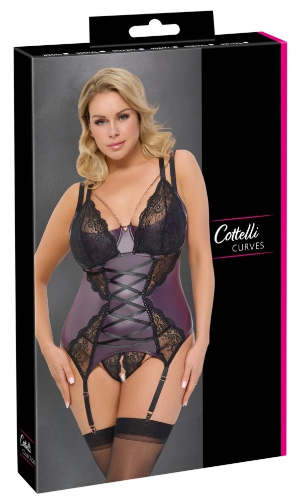 Cottelli Curves koszulka matowa z koronką, stringi z otwartym krokiem 2XL 95E fiolet/czarny