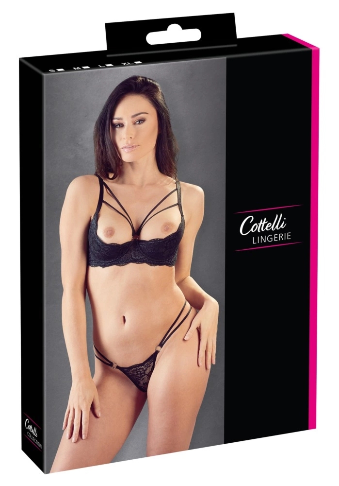 Cottelli Lingerie komplet koronkowy czarny 85C/L z otwartym biustonoszem i podwójnymi paskami
