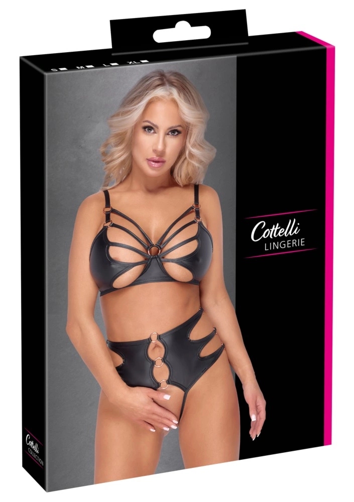 Cottelli LINGERIE komplet matowy biustonosz i wysokie majtki L czarny z wycięciami