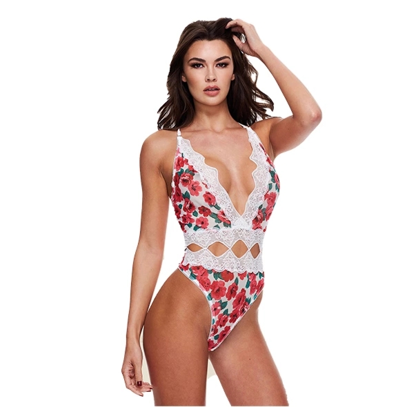 Baci Body White Floral & Lace Teddy M/L – białe body z koronką i kwiatowym motywem, regulowane