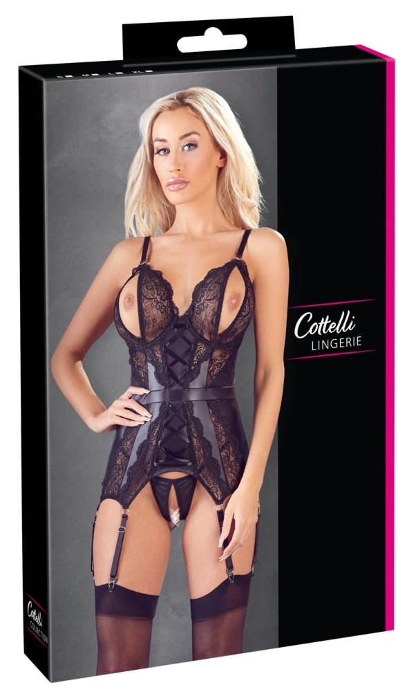 Cottelli Collection XL – Koszulka koronkowa z sznurowaną wstawką i ouvert, czarna