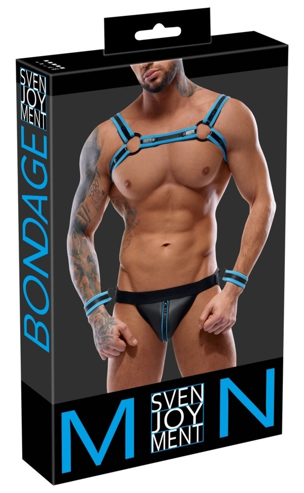 Svenjoyment Bondage Uprząż Męska z Jockiem i Mankietami 2XL Czarna z Niebieskimi Akcentami