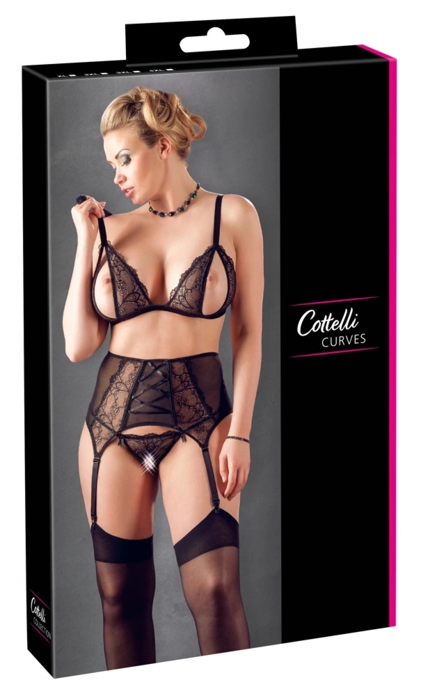 Cottelli Curves zestaw koronkowy 3-częściowy czarny XL, biustonosz otwarty, sznurowany pas
