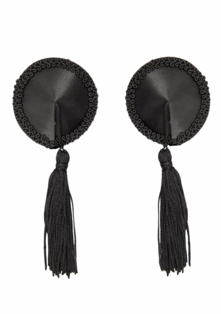 Satin Nipple Covers w Tassel czarne satynowe osłonki z frędzlami wielokrotnego użytku