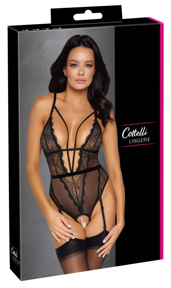 Cottelli LINGERIE Body koronkowe czarny M, zdejmowany naszyjnik pereł, regulowane ramiączka