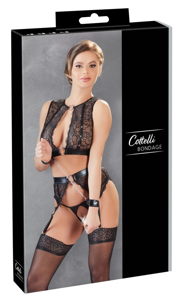 Cottelli Collection Bondage zestaw koronkowy 3-częściowy czarny L, wet look i akcesoria