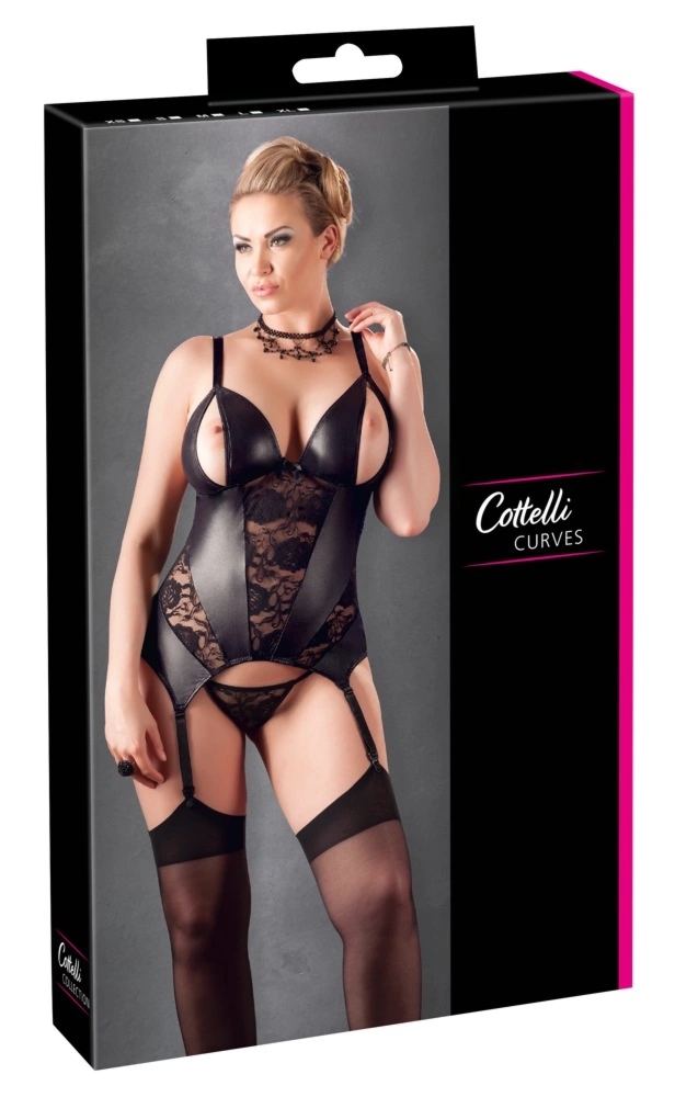 Cottelli CURVES 3XL – Koszulka z koronką, rozcięciami na miseczkach i stringi, czarna