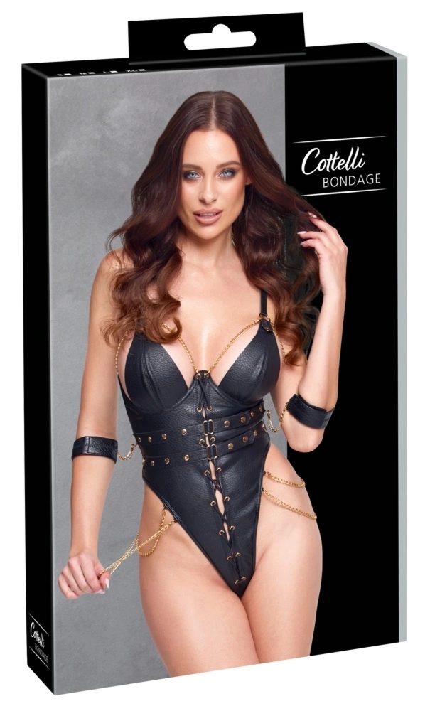 Cottelli Bondage Body XL – body z łańcuszkami, regulowane pasy, opaski na ręce, czarny