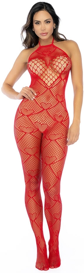 Mapale Heart Fishnet Bodystocking z Kryształkami Czerwony One Size wzór serc halter
