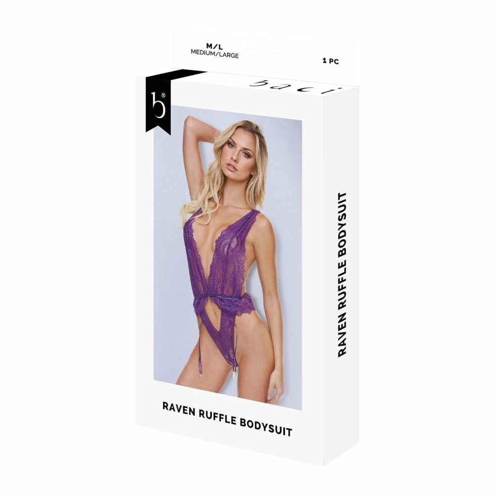 Baci Lingerie Raven Ruffle Body fioletowy S/M – efektowne falbany, elastyczny materiał