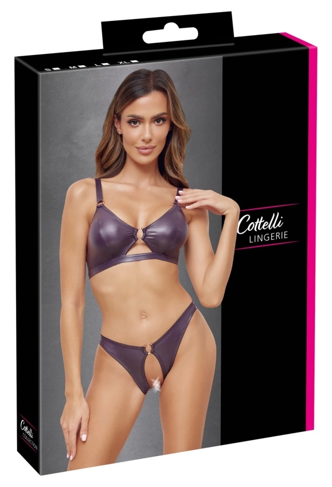Cottelli Lingerie Zestaw Soft Wet Look Fioletowy XL – Biustonosz, Otwarte Majtki, Detale