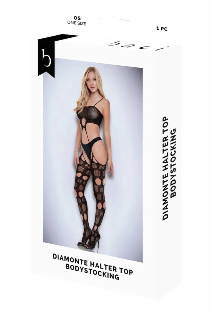 Baci Diamonte Halter Top Bodystocking Black OS – siateczkowy kombinezon z połyskiem i wycięciami