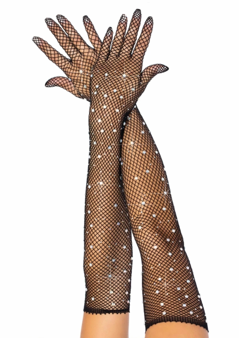 Leg Avenue Rhinestone Fishnet Opera Length Gloves – czarne długie rękawiczki z kryształkami