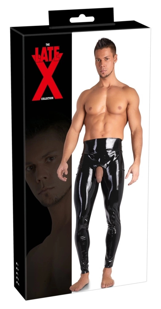 Late X Legginsy lateksowe męskie czarne 2XL, anatomiczny otwór 3,5 cm, połysk
