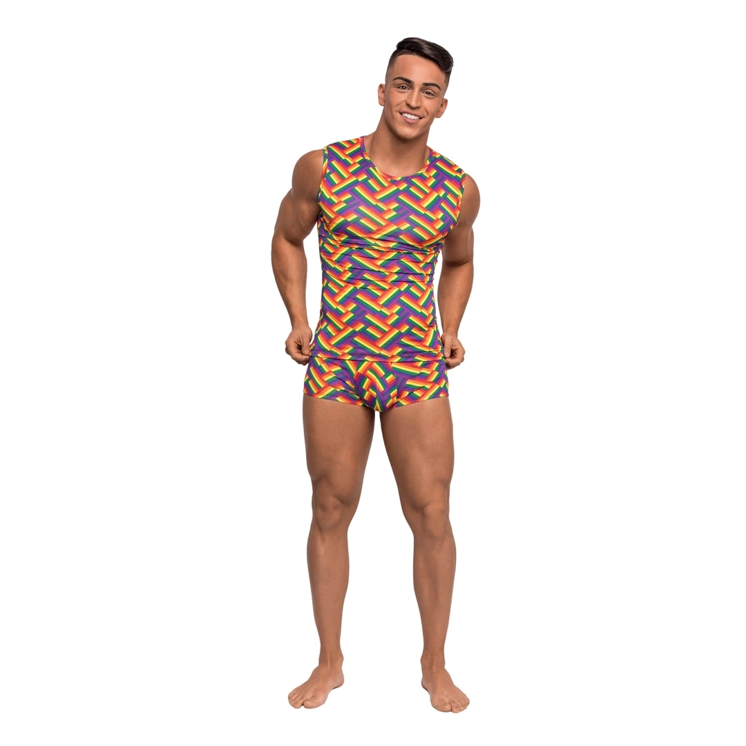 Male Power Pride Fest koszulka fitness S, tęczowy nadruk, poli spandex, tank top
