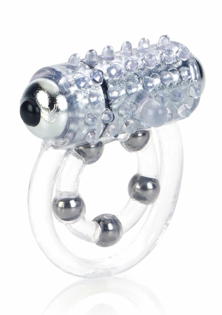 CalExotics Maximus 4 Bead Ring – elastyczny pierścień TPR z wibracją, koralikami i teksturowanym rękawem