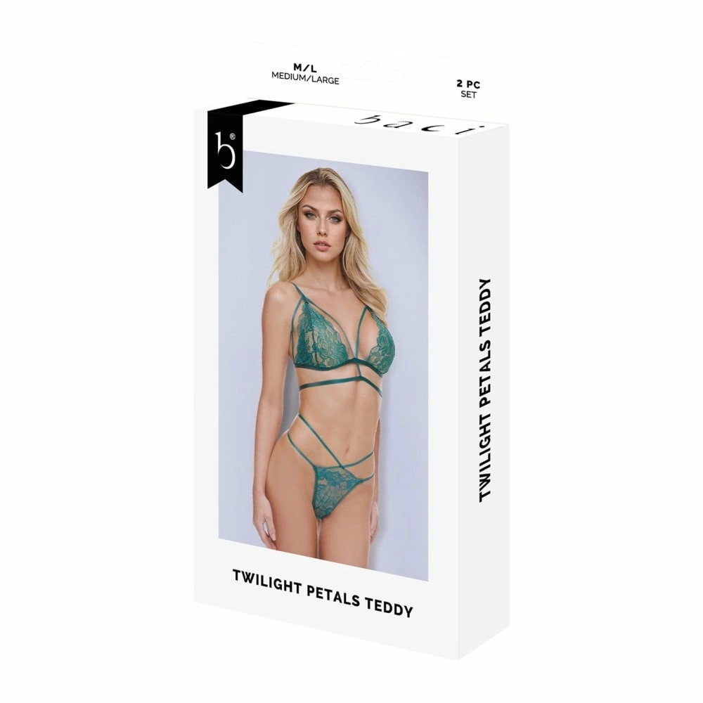 Baci Lingerie Twilight Petals Teddy zielony M/L – kwiatowa koronka, regulowane ramiączka