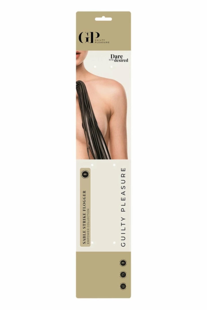 GUILTY PLEASURE Sable Strike Flogger bat z eko-skóry, satynowy uchwyt, złote wykończenia
