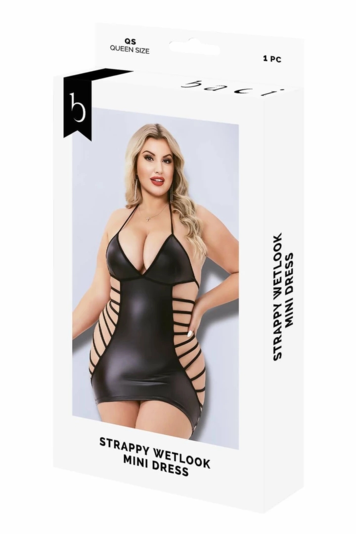 Baci Strappy Wetlook Mini Dress Black – sukienka mini z paskami, czarna, wycięcia, S/M