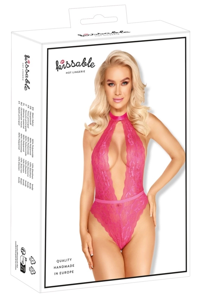 Kissable Body L/XL różowe koronkowe elastyczne z wiązaniem na szyi i głębokim wycięciem