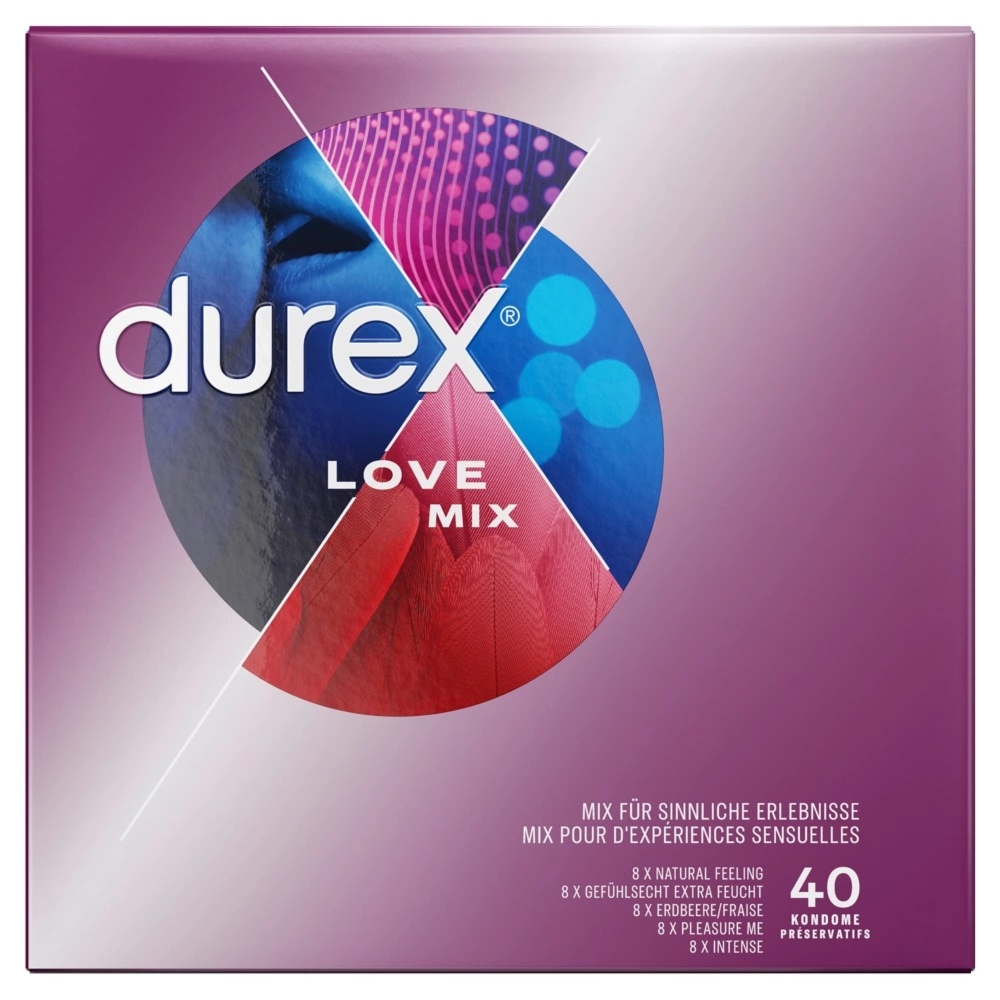 Durex Love Mix 40 szt. zestaw prezerwatyw 5 rodzajów, różne powierzchnie i aromaty